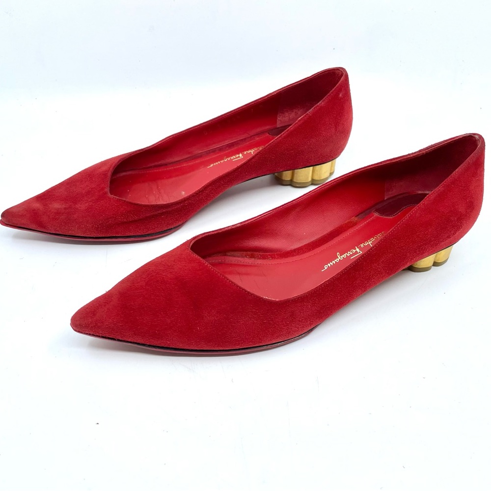 Vintage Salvatore Ferragamo Red Suede Slides with Gold  Scalloped Heel size 7